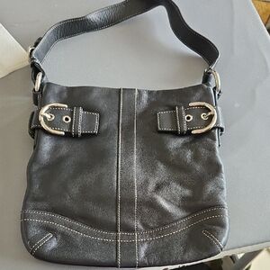 Coach Black Leather Shoulder Bag with Buckle Accents